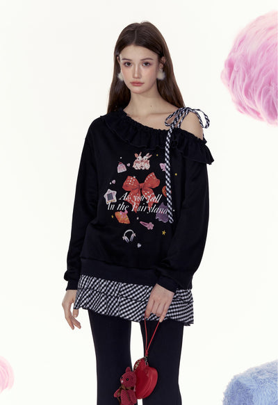 Doll Printed Splicing Retro Style Fake Two-piece Off-shoulder Sweatshirt AYF0056