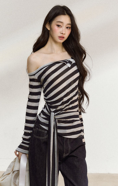 Oblique Shoulder Tie Striped T-shirt SHI0213