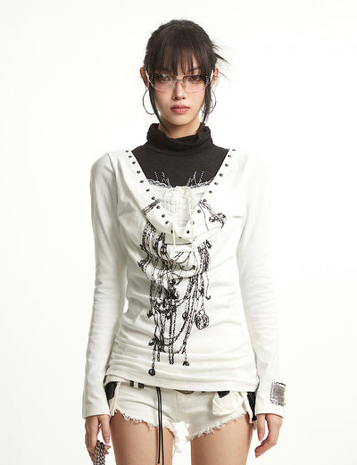 Fake Two-piece Lace Stitching Print T-shirt UNC0287