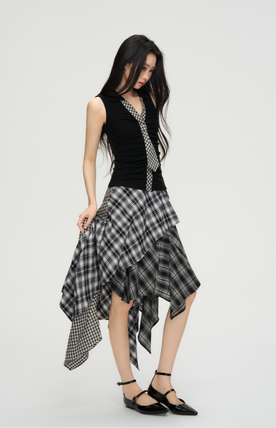 Plaid Tie Slim Sleeveless Shirt PUN0061