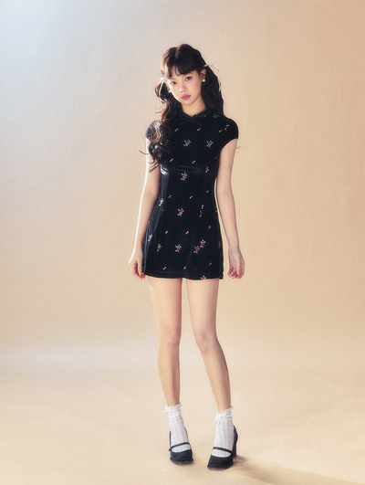 Black Embroidered Velvet Dress SUN0054