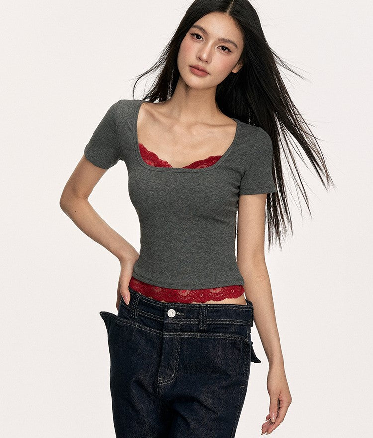 Lace Ribbed Fake Two-piece T-shirt ANA0005