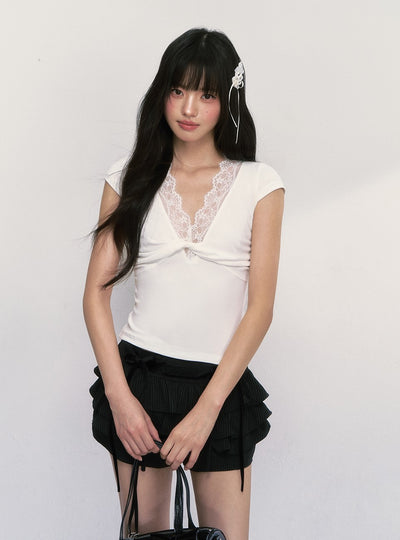 Twisted Lace Splicing T-shirt WEE0013