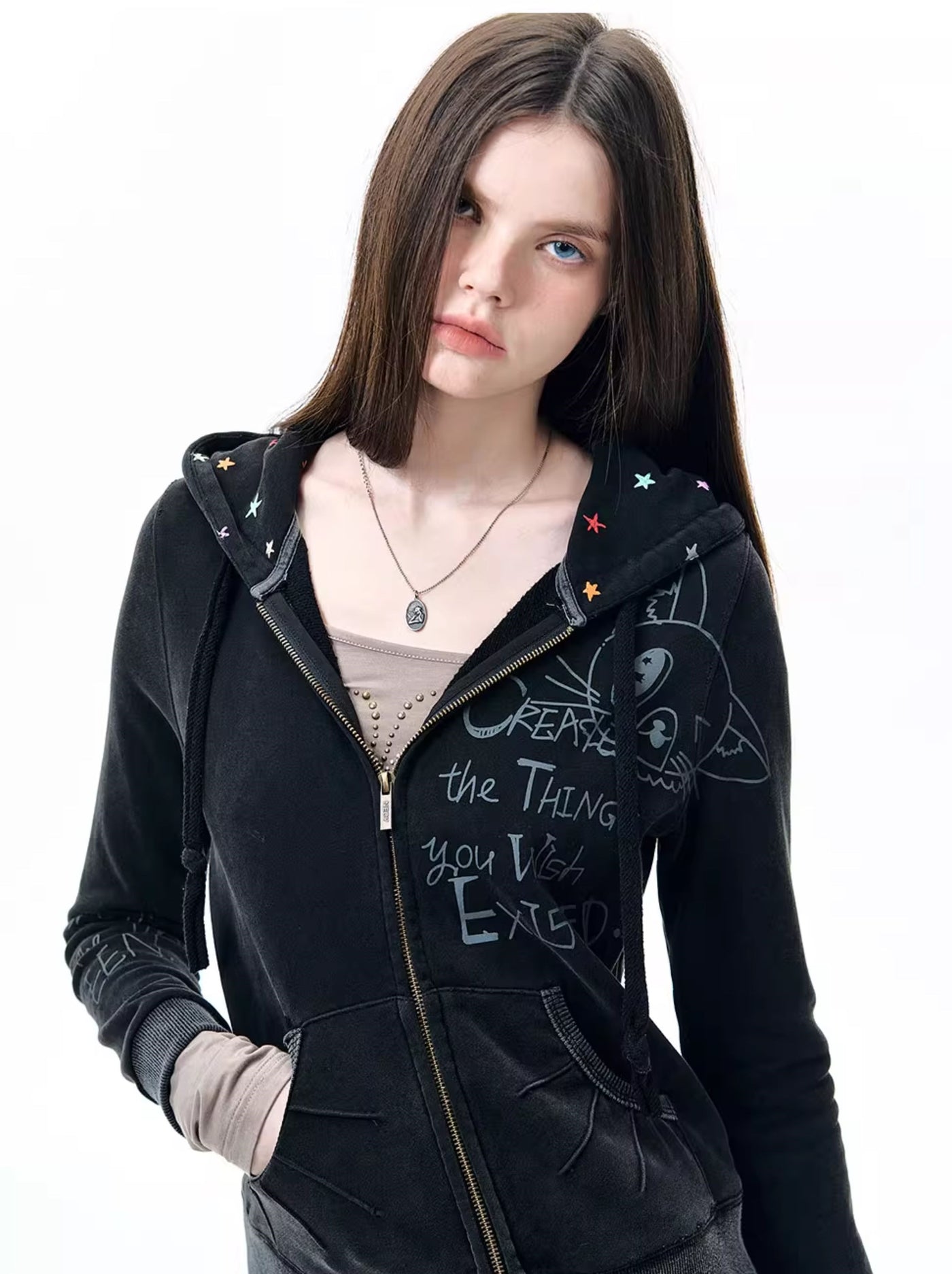 Graffiti Star Print Hooded Jacket NEC0230