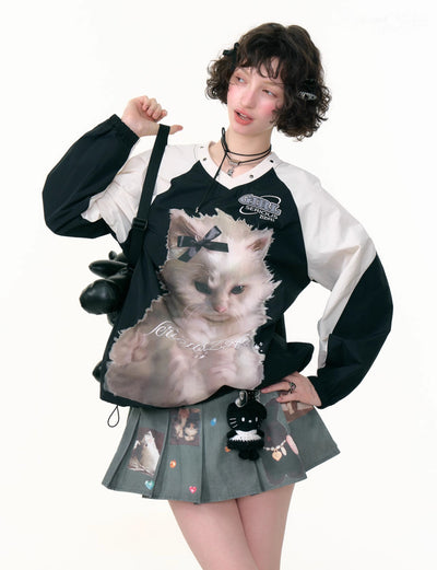 Cat Print Sports Style V-neck Sweatshirt ZIZ0298