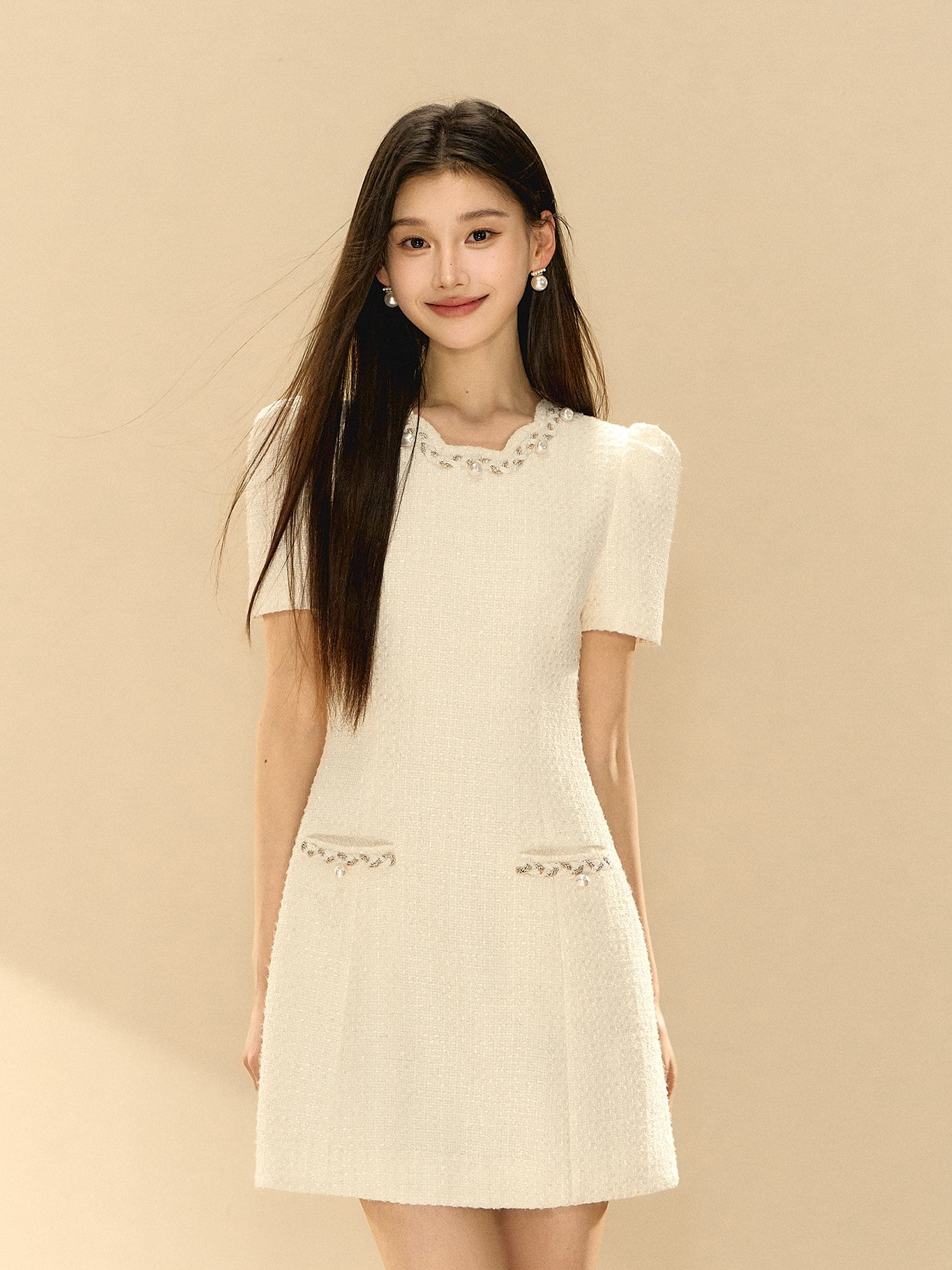 Puff Sleeve A-line Beaded Dress OSH0141