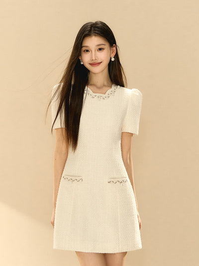 Puff Sleeve A-line Beaded Dress OSH0141