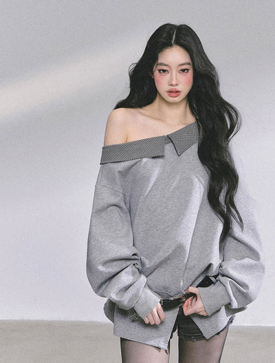 Oblique Shoulder Plaid Sweatshirt DIA0585