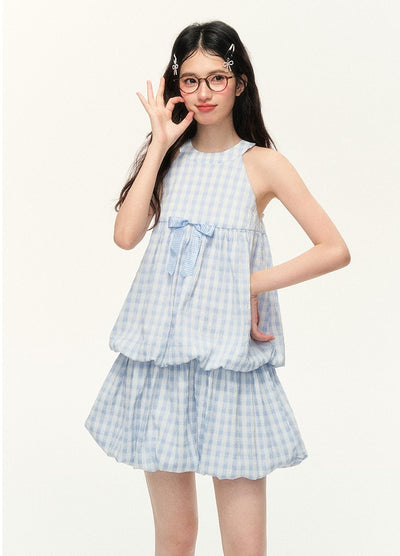 Plaid Pleated Blue Sleeveless Dress NTO0095