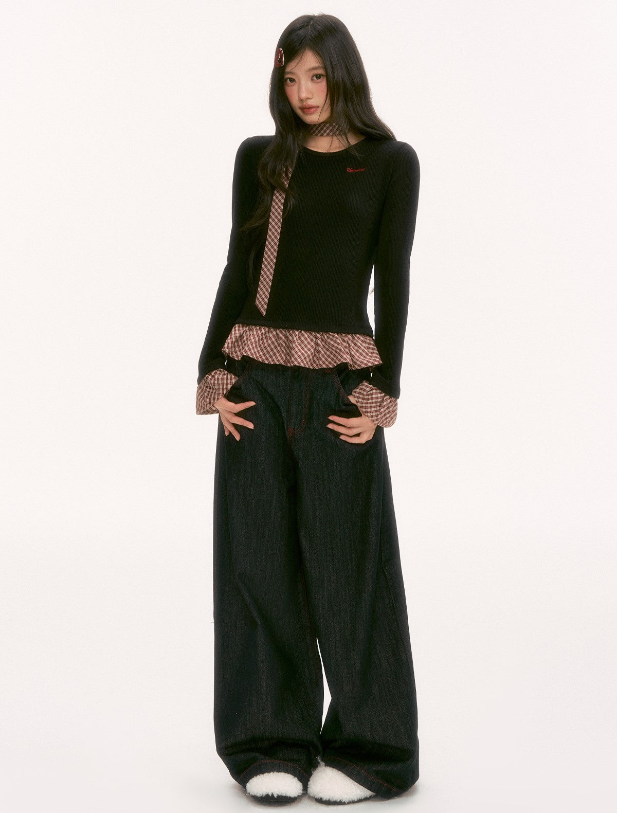 Plaid Tie-Waist Ruffled Long-Sleeved Sweater WEE0133