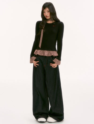 Plaid Tie-Waist Ruffled Long-Sleeved Sweater WEE0133