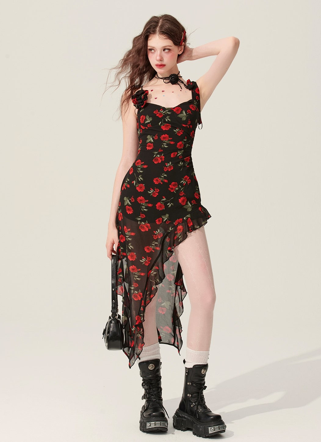 Black Amber Floral Ruffle Irregular Suspender Dress DIA0172