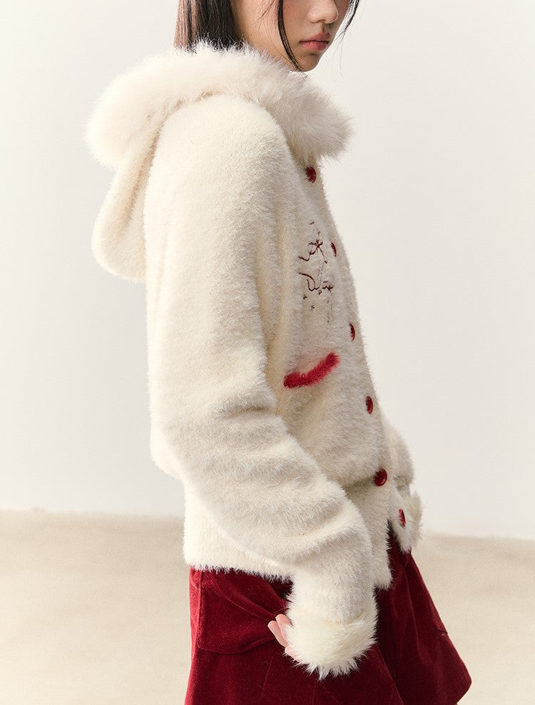 Cat Embroidery Fur Collar Knit Cardigan NTO0248