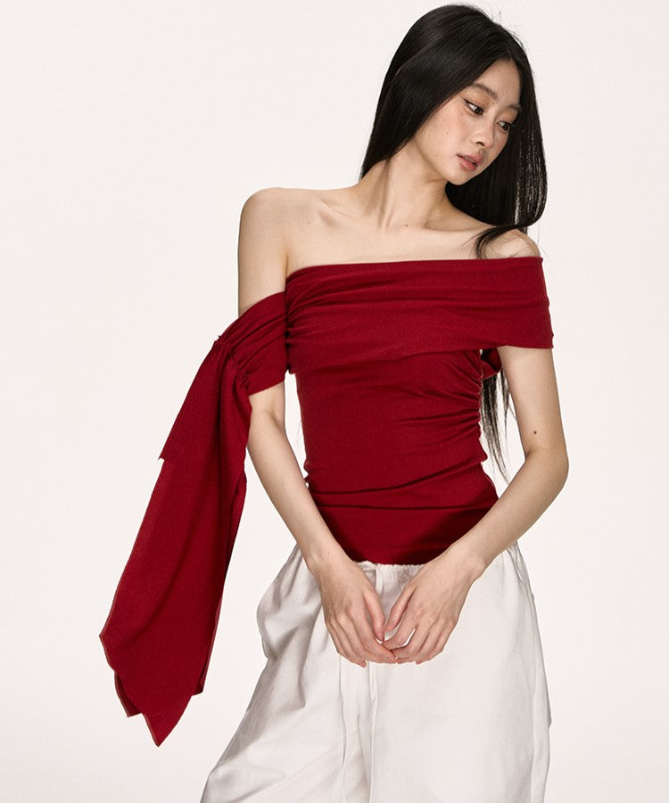 Irregular Oblique Shoulder Ribbon Red Top ANA0013