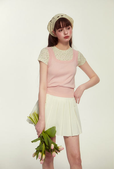 Fake Two-piece Knitted Floral Half-sleeved T-shirt TIP0015
