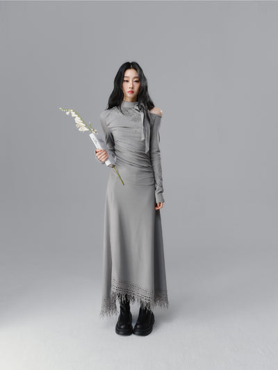 Decorated Collar Gray One-shoulder Long-sleeved Dress SAL0090