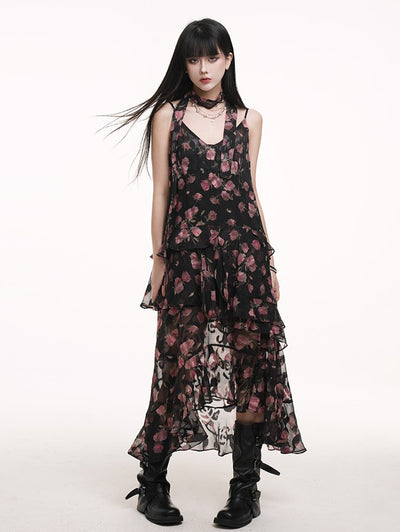 Black Floral Suspender Dress LAD0179