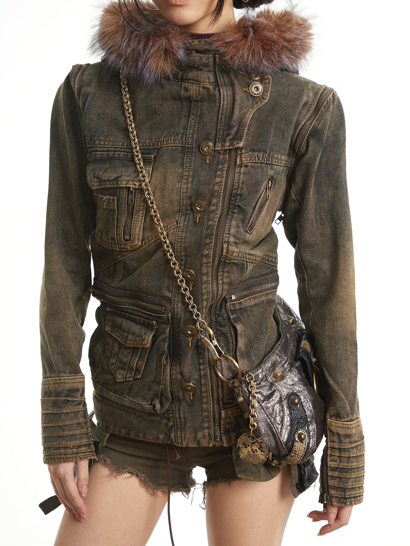 Retro Fur Collar Workwear Denim Jacket UNC0321