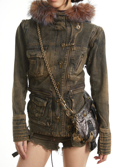 Retro Fur Collar Workwear Denim Jacket UNC0321