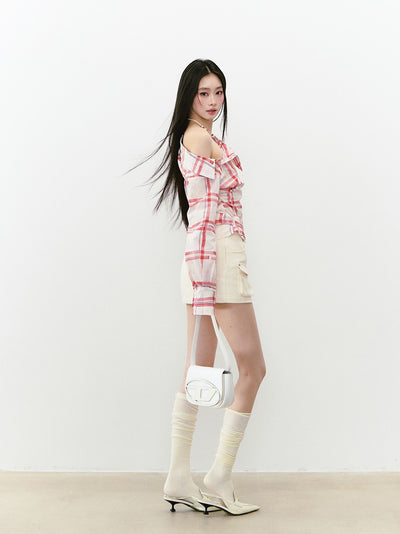 Off-shoulder Belt Plaid Shirt VIA0266