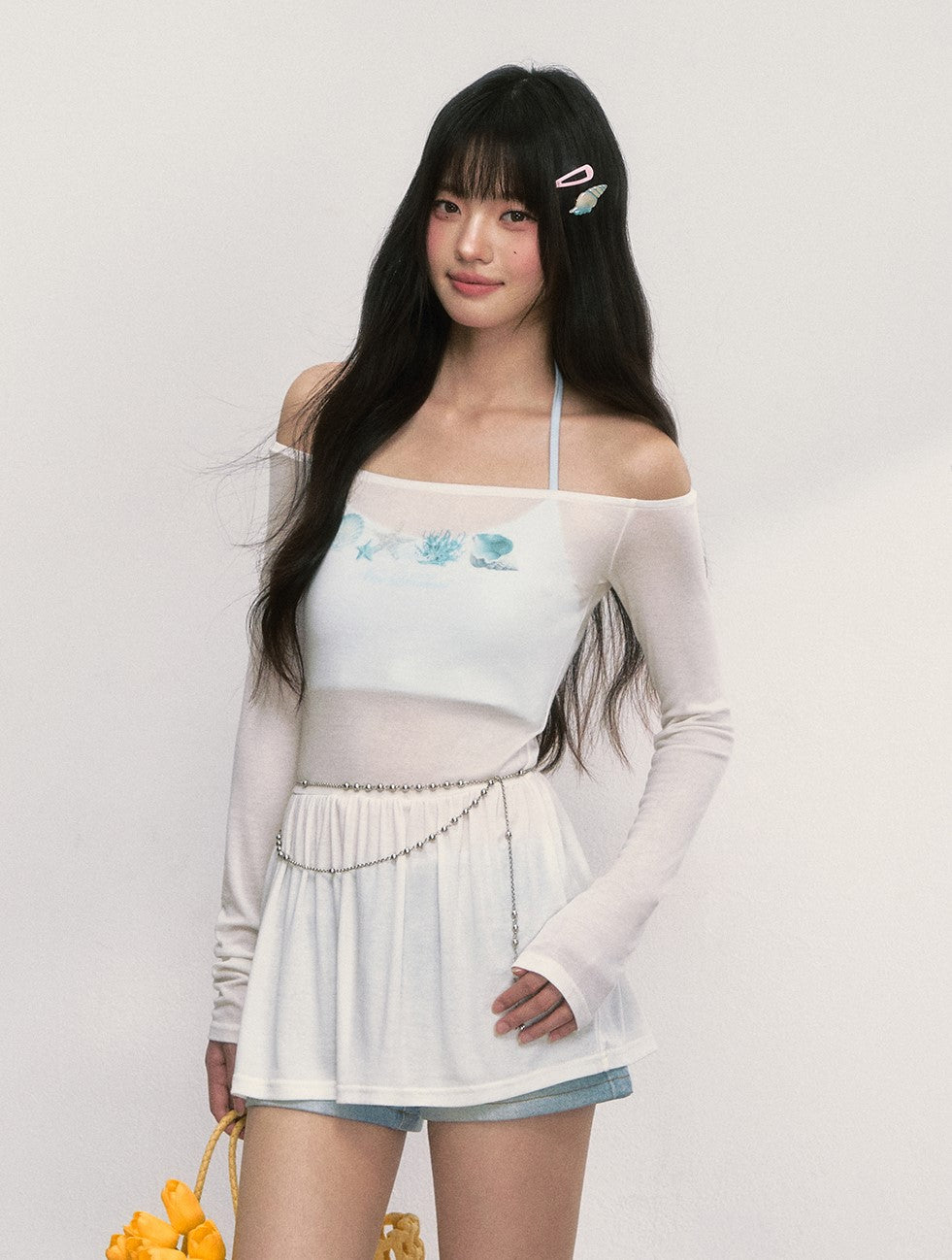 One-shoulder Tulle Sunscreen T-shirt WEE0014