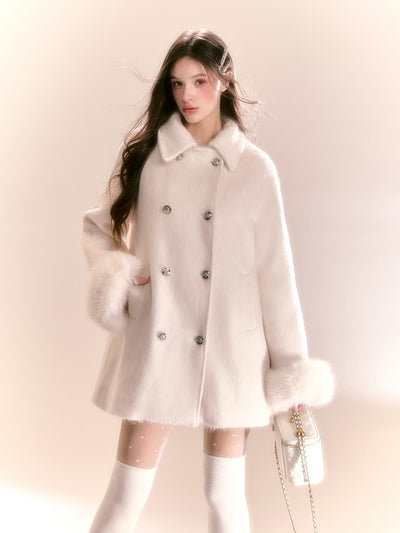 High-end Mid-length White Cotton Woolen Coat QDQ0092