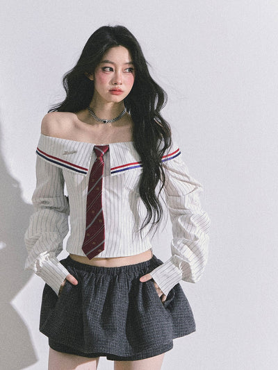 One-shoulder Long-sleeved Striped Shirt DIA0595