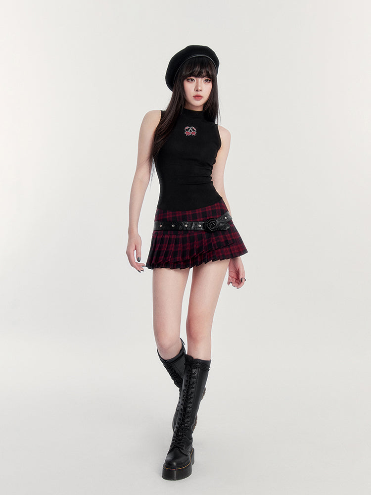 American Retro Plaid Leather Rose Belt Pleated Skirt VOC0194