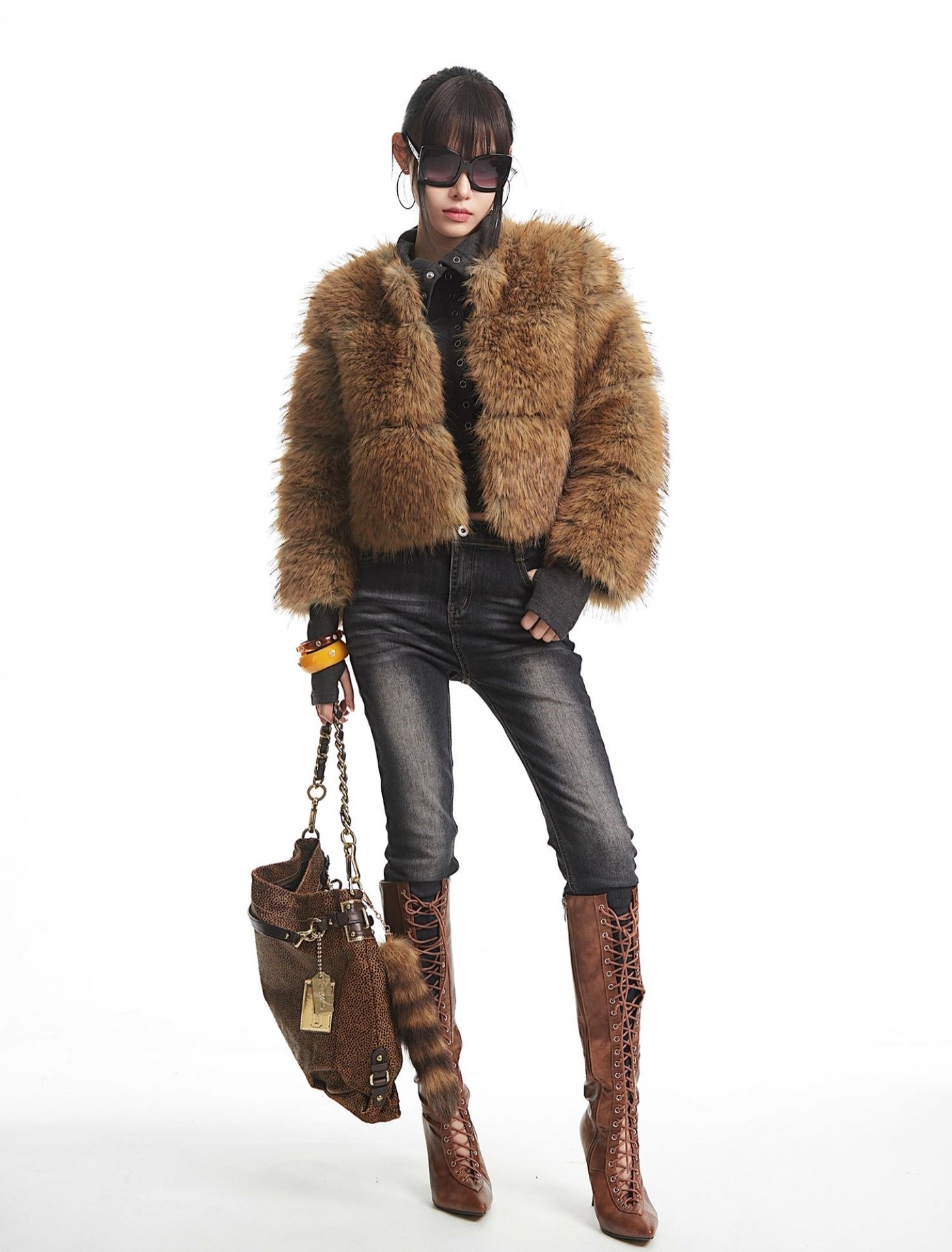 Brown Short Faux Fur Fluffy Coat UNC0332