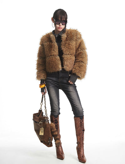 Brown Short Faux Fur Fluffy Coat UNC0332
