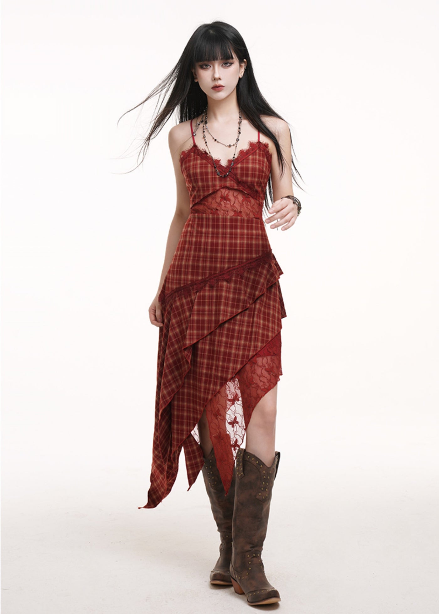 Irregular Red Plaid Suspender Dress LAD0184
