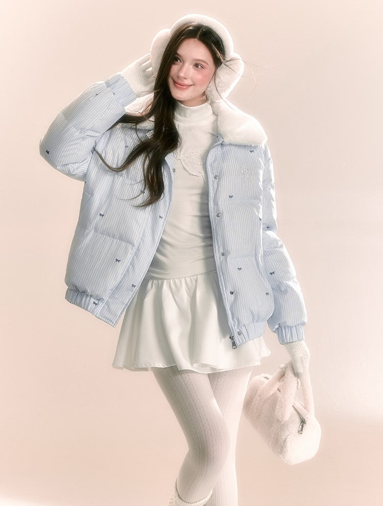 Ribbon Vertical Stripes Printed Thick Fur Collar Down Jacket QDQ0089