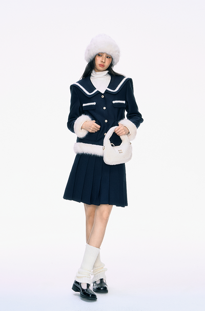 Navy Blue Large Collar Fur Cotton Jacket/Pleated Skirt PUN0038