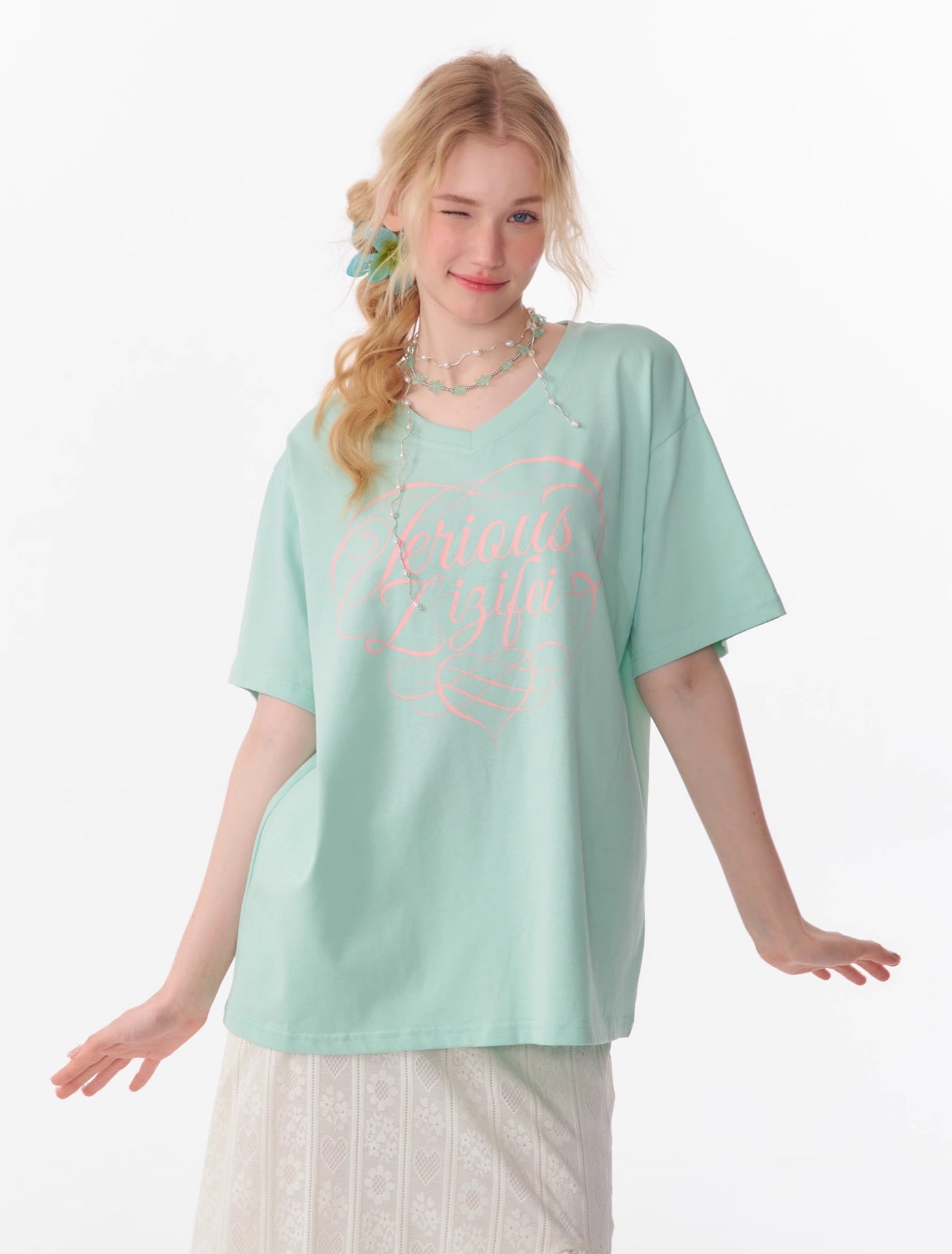 Basic Letter Print V-neck Loose Short-sleeved T-shirt ZIZ0094