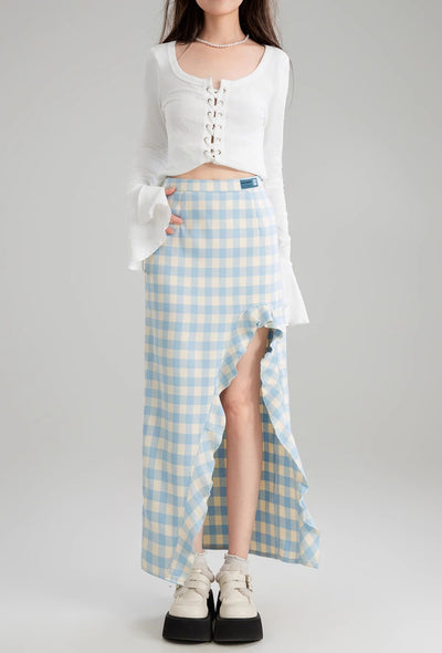 Blue And White Plaid French Short Jacket/Slit Skirt KEI0169