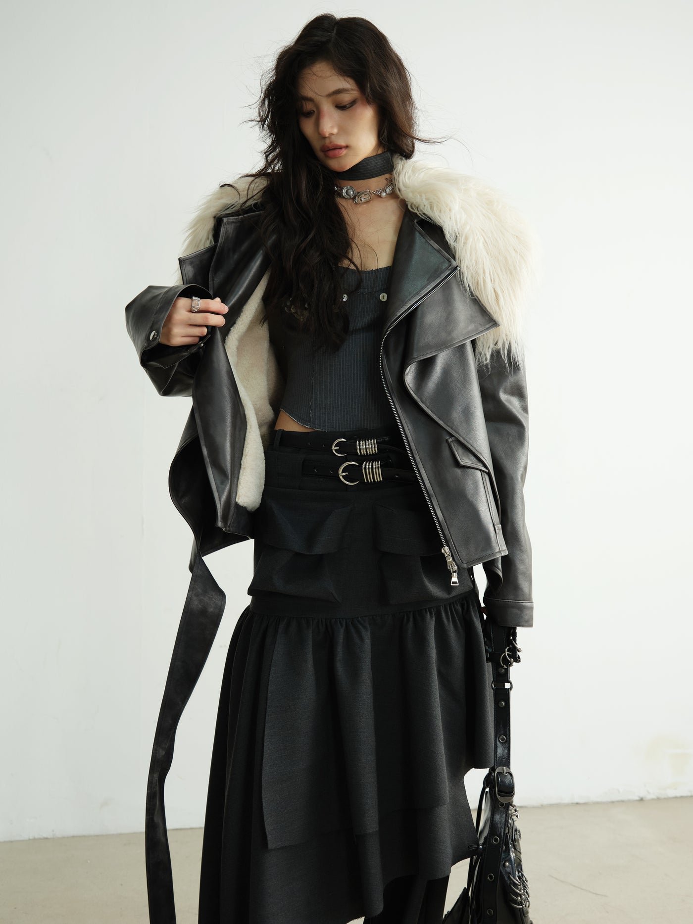 Dark Retro Rock Fur Collar Fake Two-piece Layered Rubbed Color Leather Jacket JNY0192