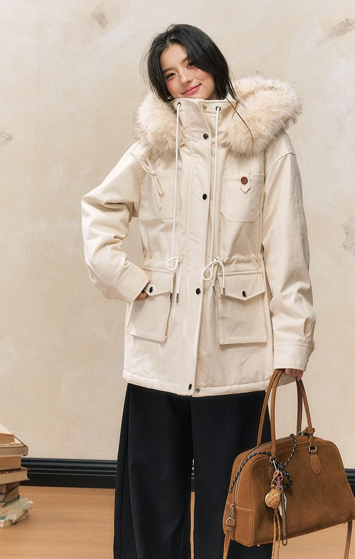 White Loose Hooded Parka Thick Warm Cotton Coat SHI0091