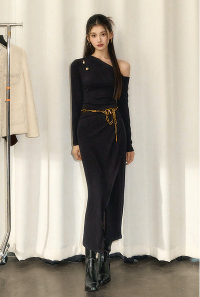 French Black Waist Slim Slanted Shoulder Design Knit Dress OSH0099