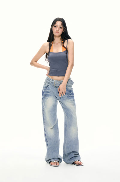 Large Belt Wide-leg Jeans APE0377