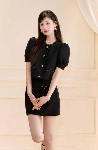 Black Puff Sleeves Short Jacket/Skirt OSH0148