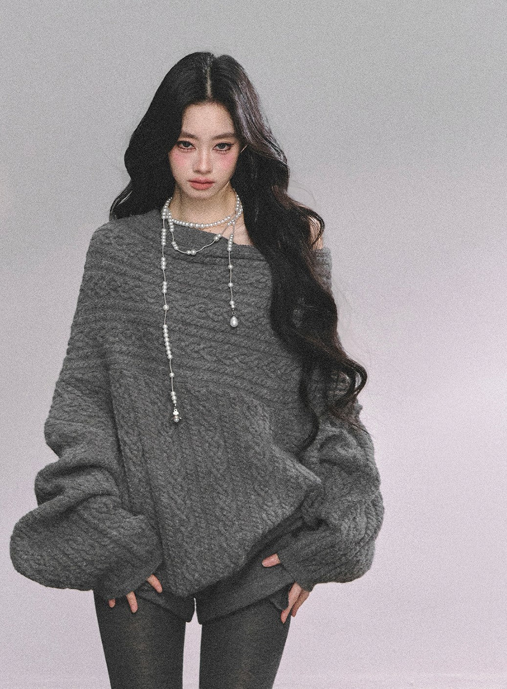 American One Shoulder Cable Sweater DIA0619