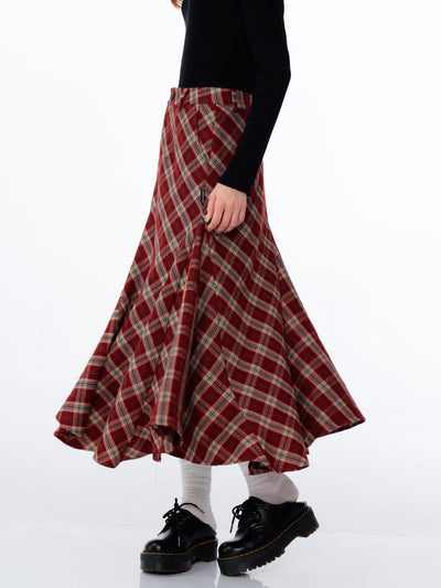 Retro High Waist Slim Medium Long Irregular Red Plaid Skirt ZIZ0190