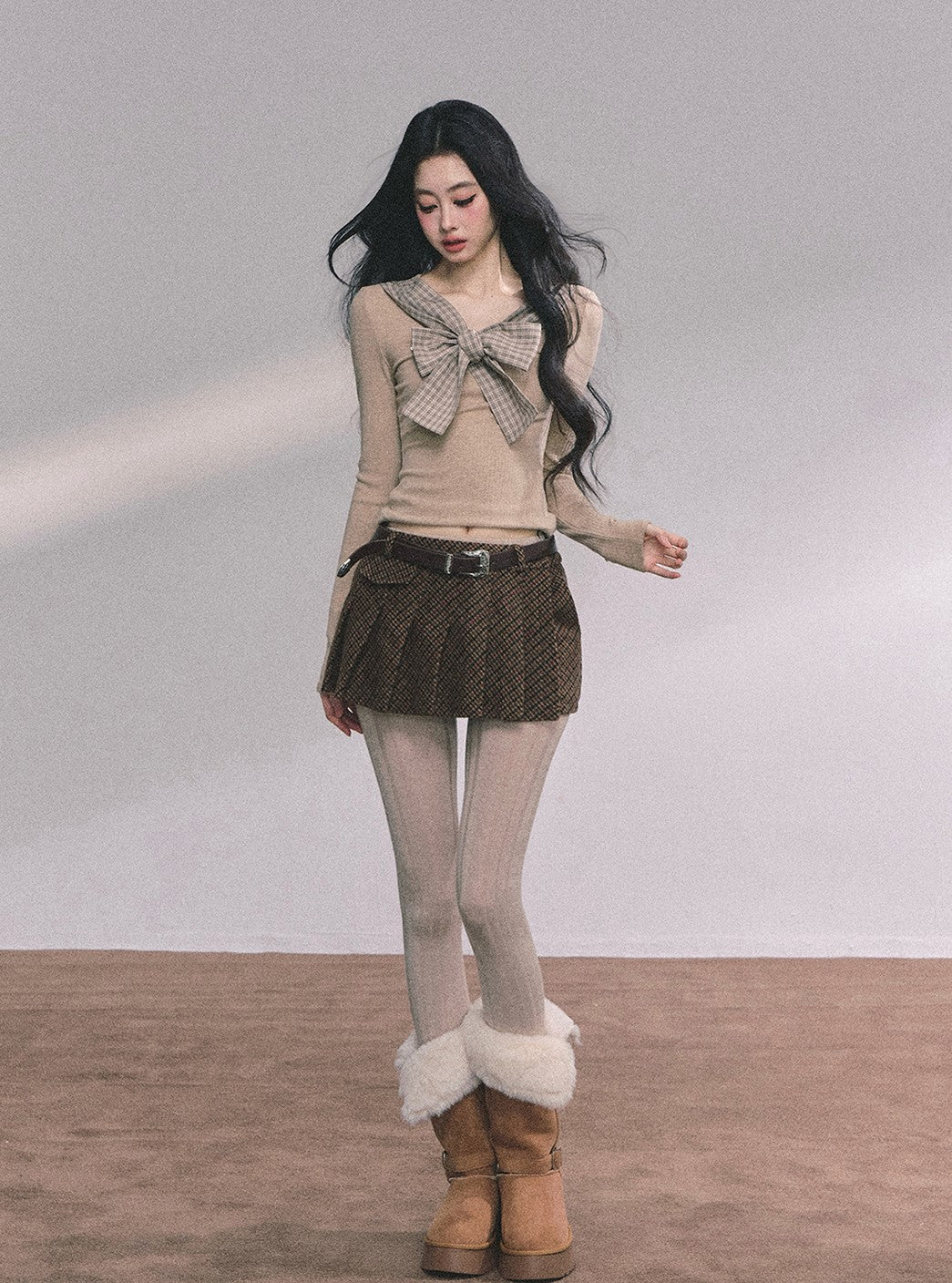 Fake Two-piece Bow Plaid Knit DIA0612