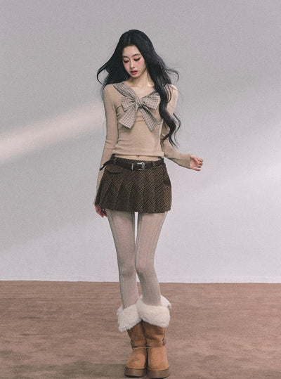 Fake Two-piece Bow Plaid Knit DIA0612