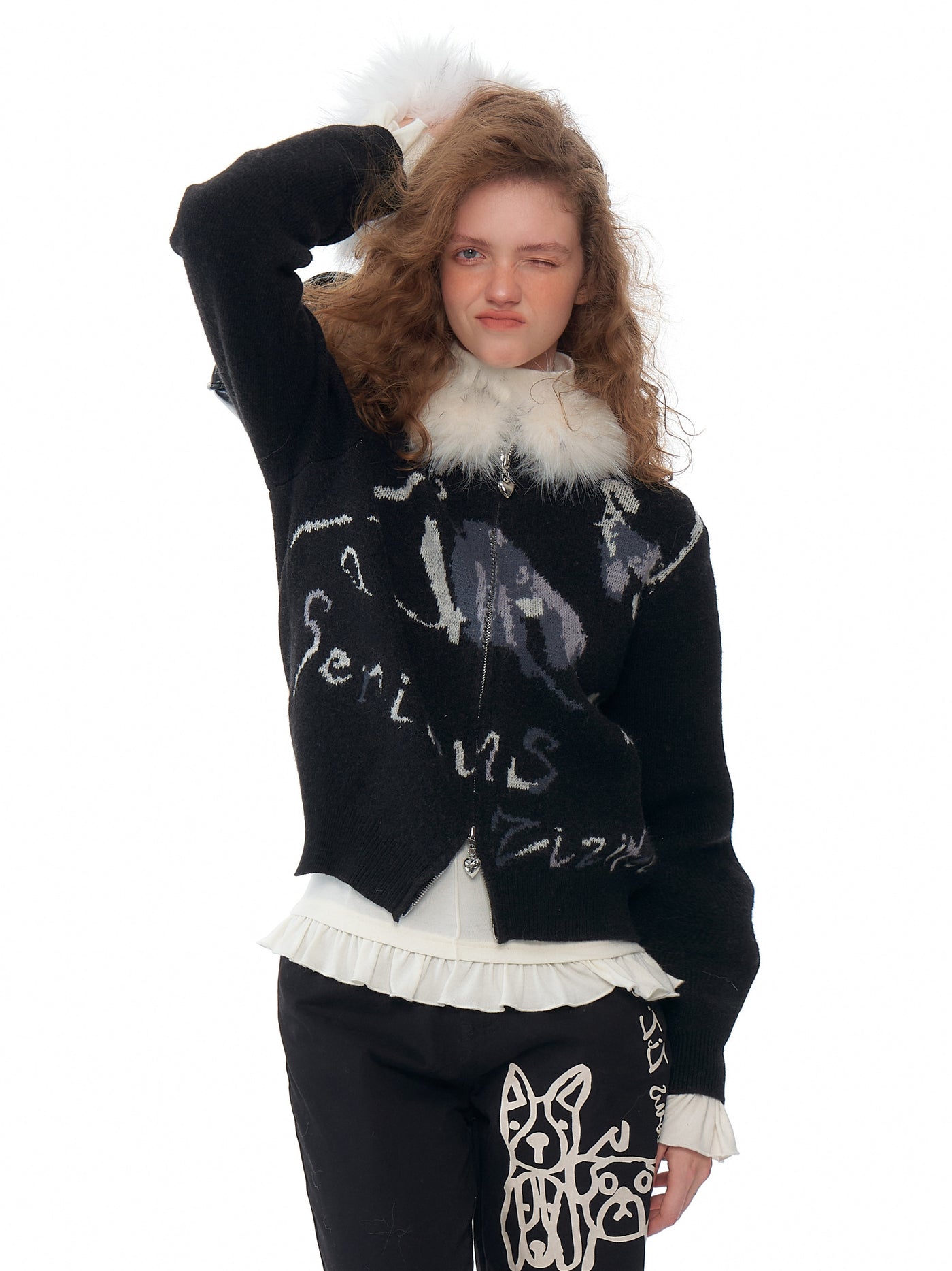 High-end Lazy Fur Collar Zipper Black Sweater Jacket ZIZ0194