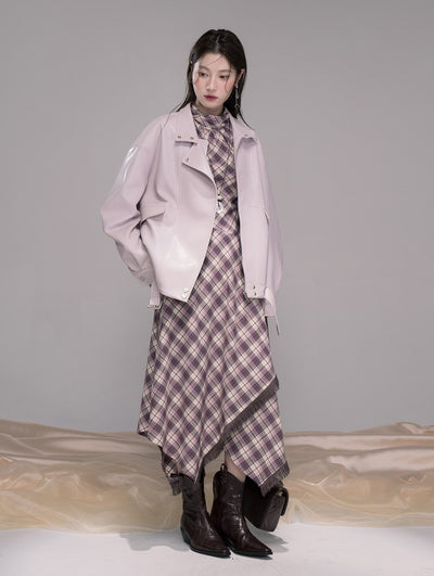 Purple Checkered Pattern Dress COT0347