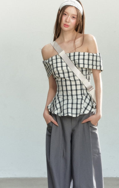 Splicing Plaid Off-shoulder Top SHI0161