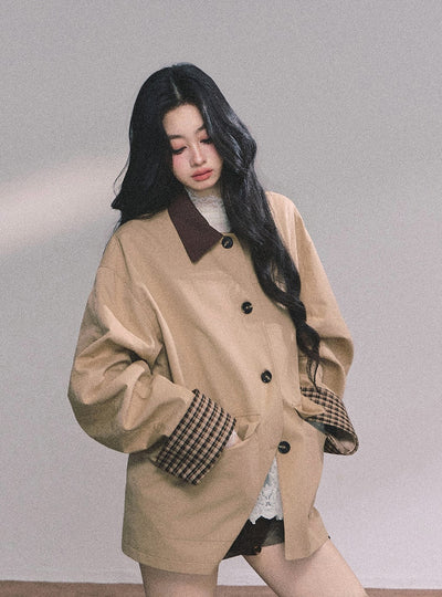 British Style Polo Collar Plaid Jacket DIA0656