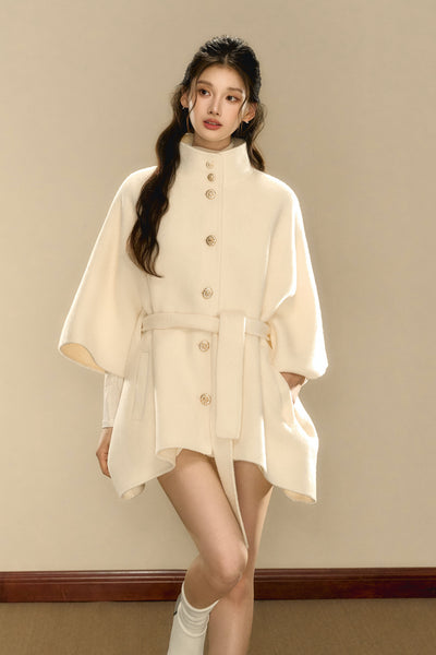 Cream Tweed Gold Button Woolen Cape Coat OSH0102