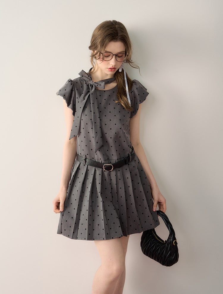 Grey Polka Dot Bow Design Dress QDQ0061